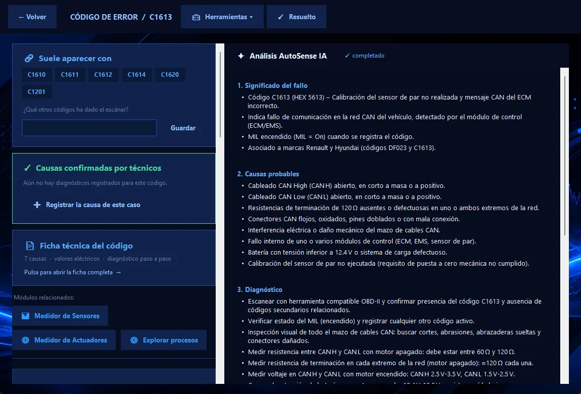 Resultado de un código de avería con análisis de IA, causas probables y diagnóstico