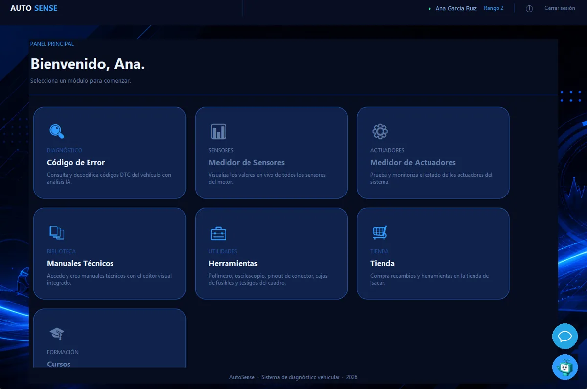 Pantalla principal de AutoSense con los módulos: código de error, medidor de sensores, manuales técnicos y herramientas
