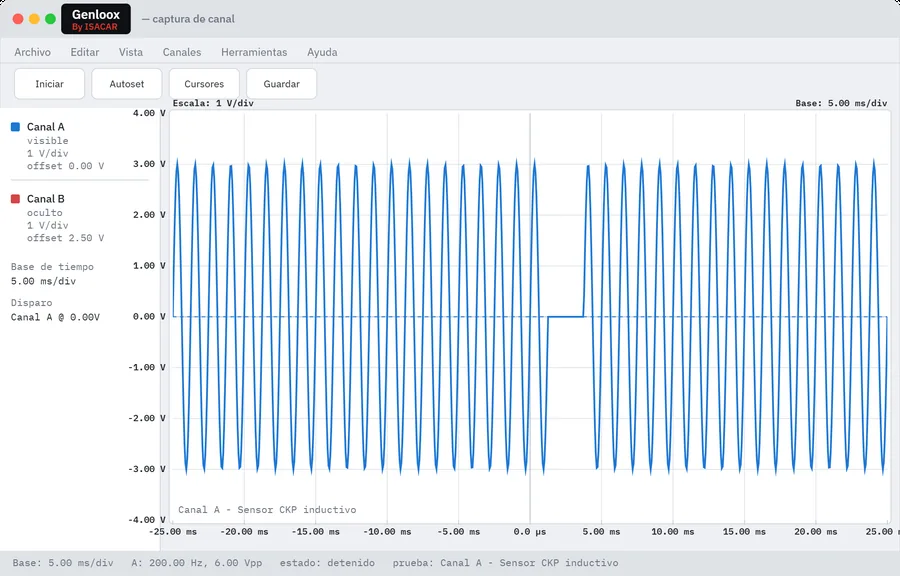 Osciloscopio de AutoSense mostrando la señal de un sensor inductivo